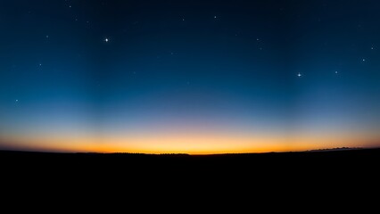 Six bright points of light aligned in the twilight sky above a dark, silhouetted horizon.
