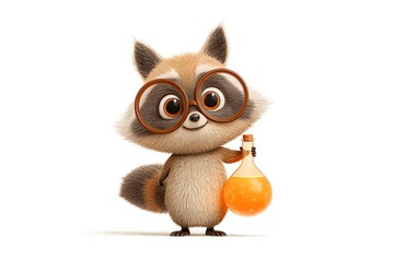 Fototapeta premium A baby raccoon wearing round glasses and holding a glowing chemistry flask, smiling with curiosity, 3d animation, isolated on a white background