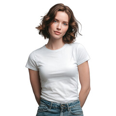 Fototapeta premium Beautiful young woman with short wavy brown hair and blue eyes wearing a plain white t-shirt and jeans posing with a calm expression.