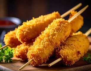 Golden, crispy food skewers