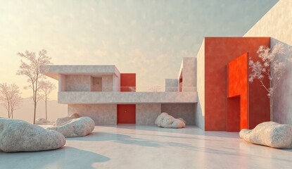 Minimalist Concrete Villa with Bold Red Walls in a Hazy Winter Dawn