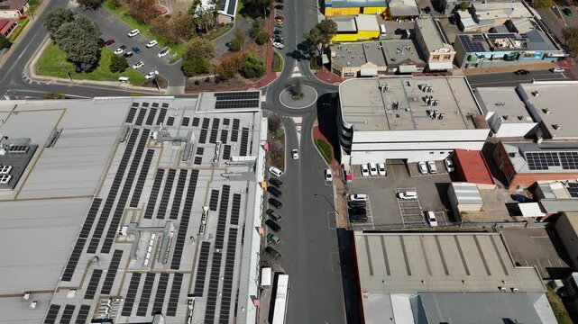 Center of Murray Bridge City, South Australia: 4K Aerial Drone Footage of CBD with Shops, Busy Streets, Roundabout, Low Density Houses with Solar Panels, Estates, Parks, Scenic Murray River Landscape