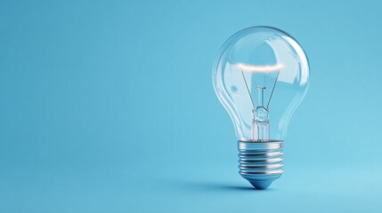A transparent light bulb stands prominently against a soft blue backdrop, showcasing its intricate interior design.