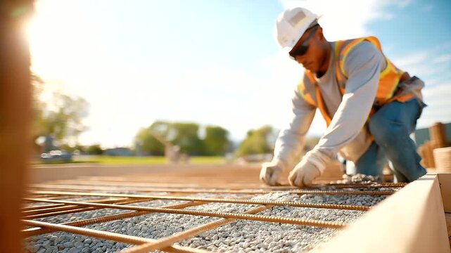 A worker lays rebar for a concrete slab at a site with steel bars bending wire ties twisting a wheelbarrow of gravel nearby and a sunny field beyond shown in a robust photo