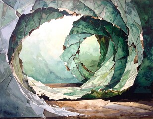 Abstract swirling pattern of cracked, layered surfaces, light and shadow