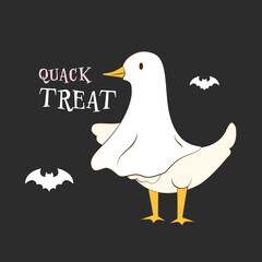 Funny Duck Cartoon in Halloween Ghost Costume Vector Illustration