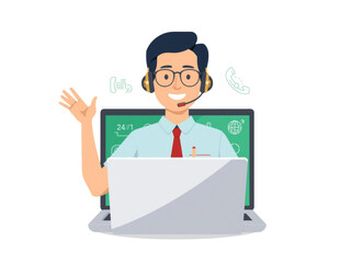 Friendly online support representative with headset waving, isolated transparent design,