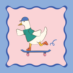 Cool Duck Cartoon Character Playing Skateboard