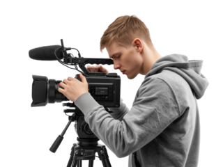Young filmmaker engrossed with professional camcorder, crafting cinematic content with focused