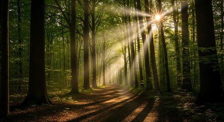 Sunlight Streams Through Forest Path.