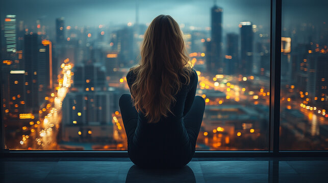A woman sits by a window, gazing at the glittering city skyline and vibrant urban lights below at night. - Powered by Adobe