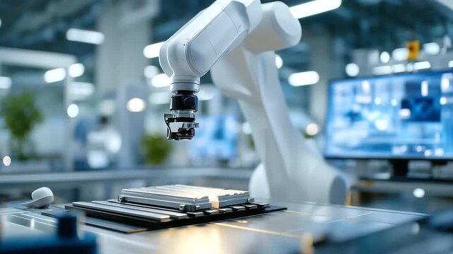 Technicians test a robotic vision system in a factory lab with cameras scanning screens displaying object recognition tools calibrating lenses and a prototype part on a table