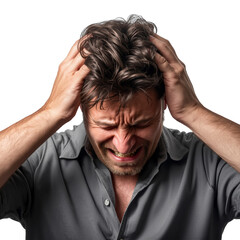 Intense emotional turmoil displayed in a man's gripping anguish under pressure isolated