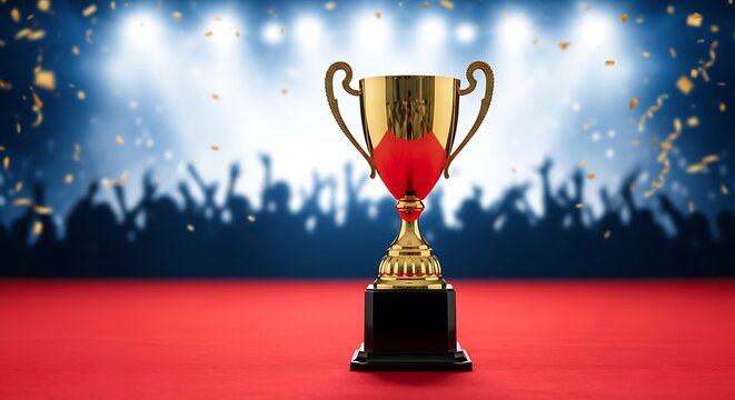 A golden trophy stands on a red carpet, in front of a cheering crowd, amid celebratory confetti.