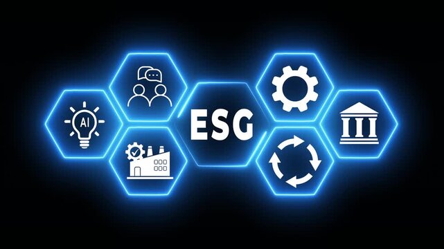ESG strategy and sustainable business development concept on the transparent background. ESG icons including sustainability, renewable energy, recycling, governance. Motion graphics of ESG idea. 