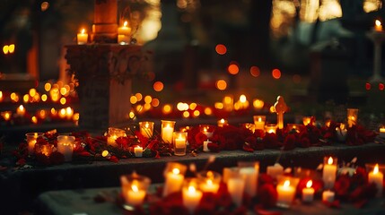 Candles and roses adorn graves in dim lighting