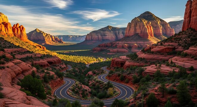 Scenic Arizona Landscape with Winding Road and Red Rock Formations.
