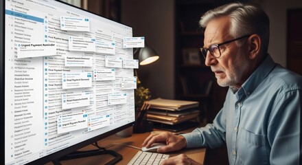 Man looking at computer screen with numerous urgent payment reminders, a concept for financial scam and fraud awareness.
