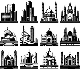 Obraz premium Minimalist black and white vector icon set of architectural buildings, clean scalable line art, including house, skyscraper, mosque, cathedral, bridge, tower