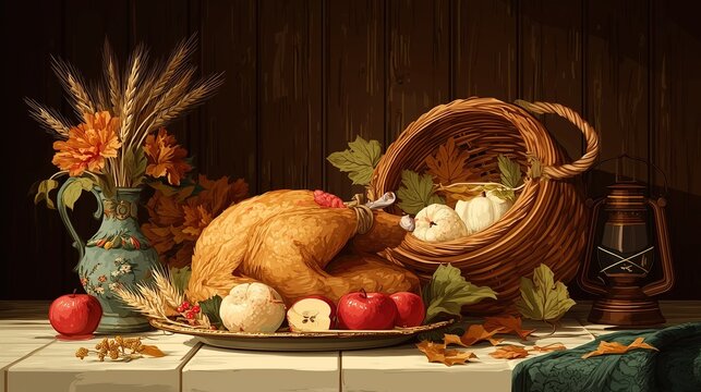 Thanksgiving Still - Life Composition with Roasted Turkey, Wicker Basket, Autumn Flowers, and Lantern