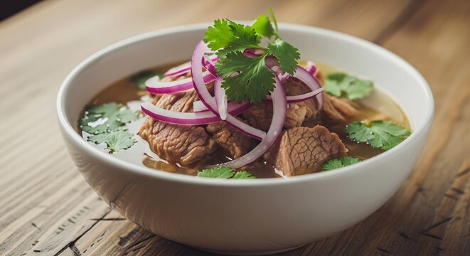 A bowl of fragrant beef soup, garnished with sliced red onions and fresh cilantro, sits on a rustic wooden table.