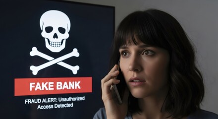 Woman on phone receiving fraud alert from fake bank website. Cybersecurity and financial scam concept for personal data protection.