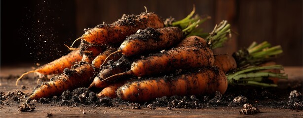 Freshly Harvested Carrots: A close-up captures a pile of freshly harvested carrots, their vibrant orange hues contrasted by dark soil clinging to their roots.