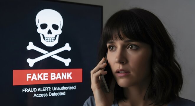 Woman on phone receiving fraud alert from fake bank website. Cybersecurity and financial scam concept for personal data protection.
