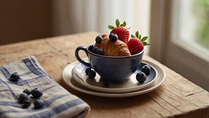 A creative breakfast serving with a croissant, strawberries, and blueberries arranged inside a blue cup on a rustic wooden table.