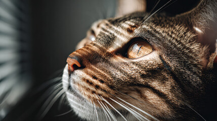 A close-up of a cat's face, showcasing its striking eyes and whiskers, with light streaming across its fur.