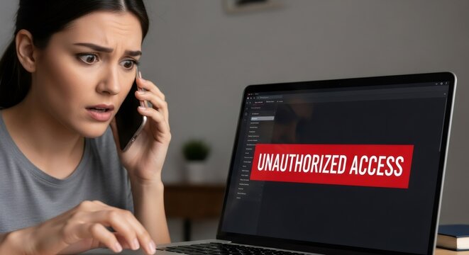 Woman scared on phone call looking at laptop screen with "unauthorized access" warning. Cybercrime, financial fraud, data breach, and identity theft concept.