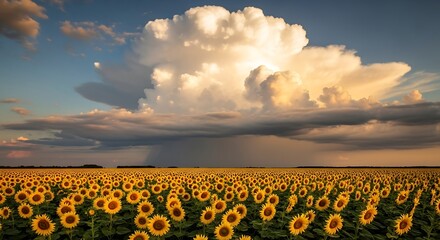 Obraz premium Vast Sunflower Field Under a Dramatic Sky with Distant Rain and a Glimpse of the Moon.
