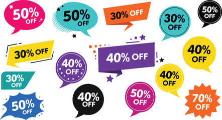 Discount badge icon set, colorful speech bubbles, sale promotion, percentage off, marketing design, vector illustration, flat style, vibrant concept