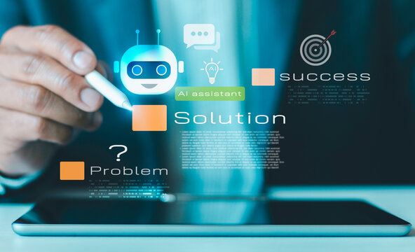 Businessmen use agentic AI assistants to Help Analyze Information problems and solutions, Digital technology for Business, chat with artificial intelligence, helping to solve work problems