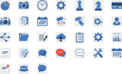 Digital tools icon set, software interface symbols, charts, gears, credit card, cloud, calendar, user profile, vector illustration, flat design, blue theme