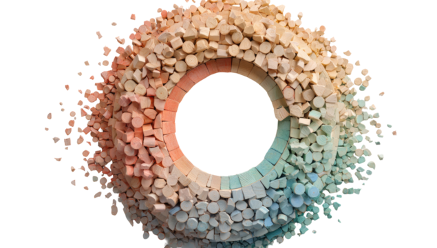 Circular arrangement of multicolored, fragmented, small pieces forming a ring