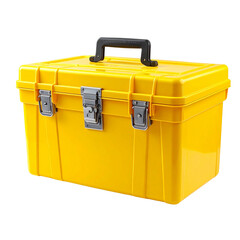 Yellow Plastic Toolbox with Metal Latch, Front Angle View, Isolated on Transparent Background (3)