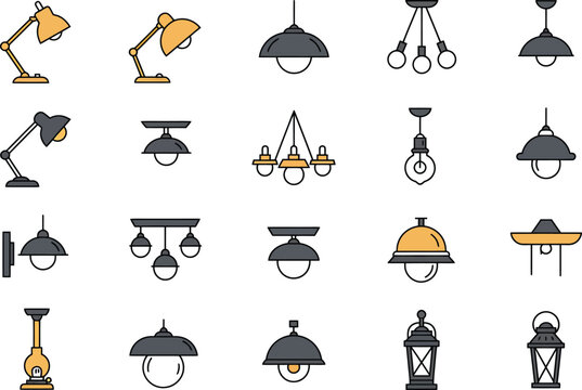 Vector Set of Modern and Vintage Lamp Icons &ndash; Home Lighting, Ceiling, Wall, and Table Lamp Design Illustrations