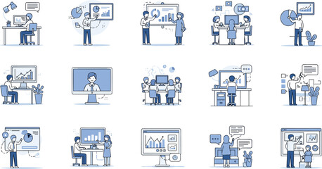 Office scene illustration set, business teamwork, data presentation, meeting, collaboration, charts, speech bubbles, vector design, flat style, blue concept
