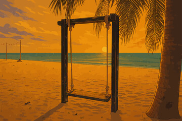 A tranquil beach scene at sunset, featuring a wooden swing tied with ropes to a sturdy frame placed on the sandy shore. Palm tree leaves hang gracefully above, framing the view of the calm ocean and t