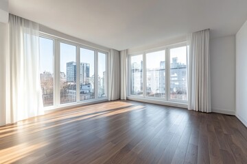 Fototapeta premium Bright, minimalist city interior with big windows