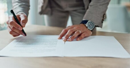 Business, hands and writing signature on contract or legal documents for application or agreement in office. Pen, closeup and person reading paperwork, work policy or form in workplace or company - Powered by Adobe