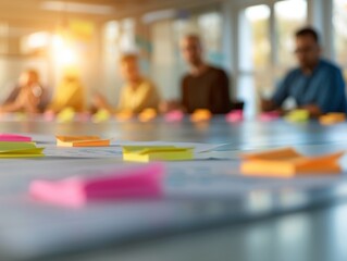 Blurred team in a meeting with colorful sticky notes scattered on a table for brainstorming, planning, and collaboration.