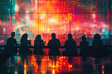 Silhouetted team seated at a boardroom table facing a vivid multicolored digital display, suggesting a corporate meeting, presentation, and data-driven collaboration.