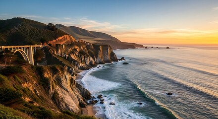 Scenic Coastal Highway Bridge at Sunset.