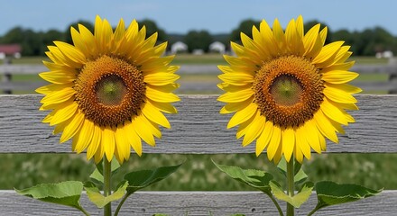 Two vibrant sunflowers stand tall against a rustic wooden fence and a bright summer sky.