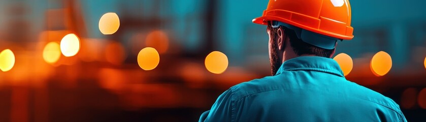 Industrial worker in an orange hard hat and blue uniform facing a blurred, illuminated factory or construction site at night.