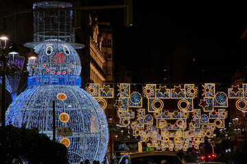 Giant snowman made of dazzling Christmas lights in Vigo at night