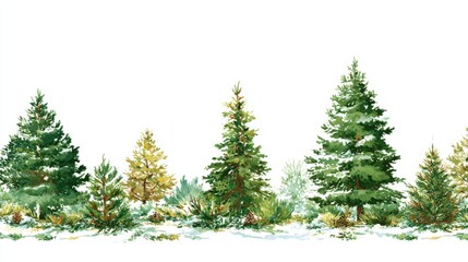 Fototapeta premium A serene winter setting highlights an array of evergreen trees, showcasing their vibrant green and yellow hues against a backdrop of sparkling white snow.