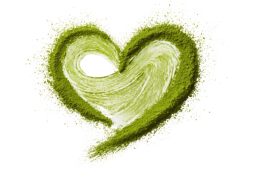 A light lime green heart shape, formed from a textured, swirled substance, surrounded by scattered, speckled particles of a similar color